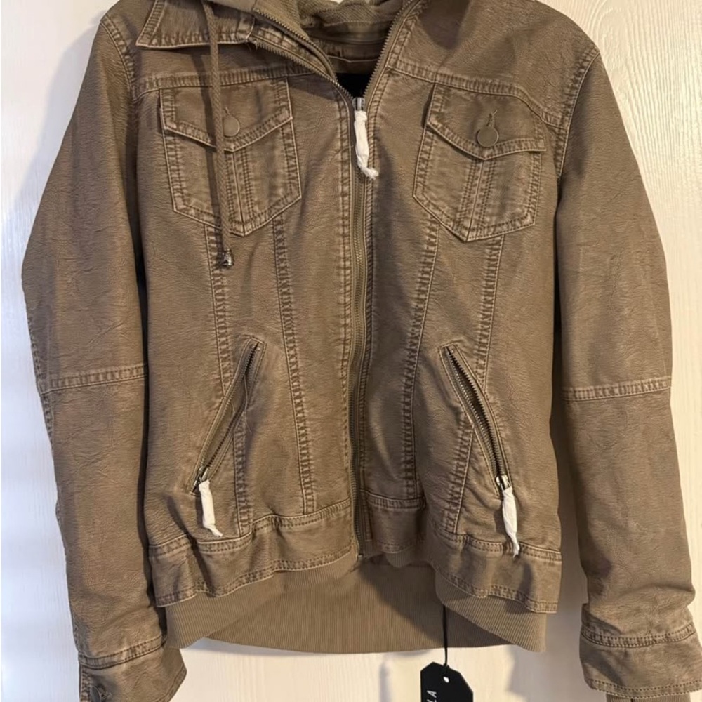 Grey Vegan Leather Hooded Jacket